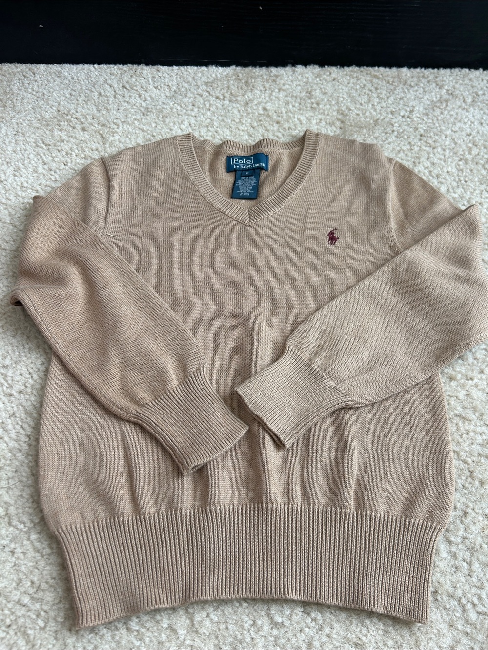 Polo by Ralph Lauren Men's V-Neck Sweater in Beige with Maroon Pony
